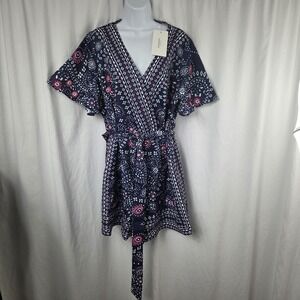 Bloomchic Womens Navy Blue Floral Print Wrap Romper Size 14 16